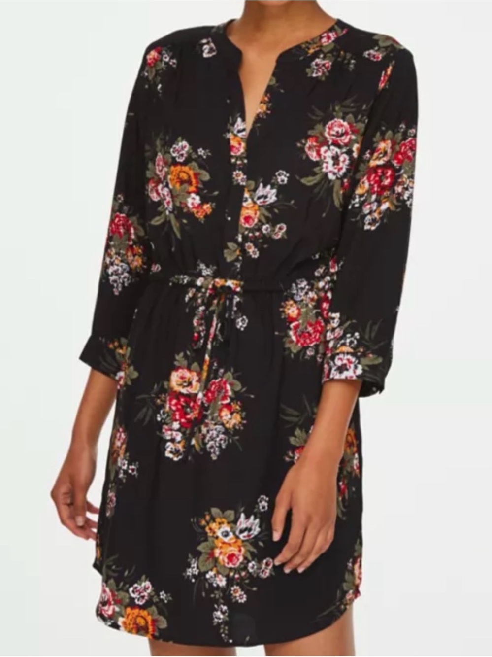 LOFT Black Floral Button-Front Dress with Tie Waist